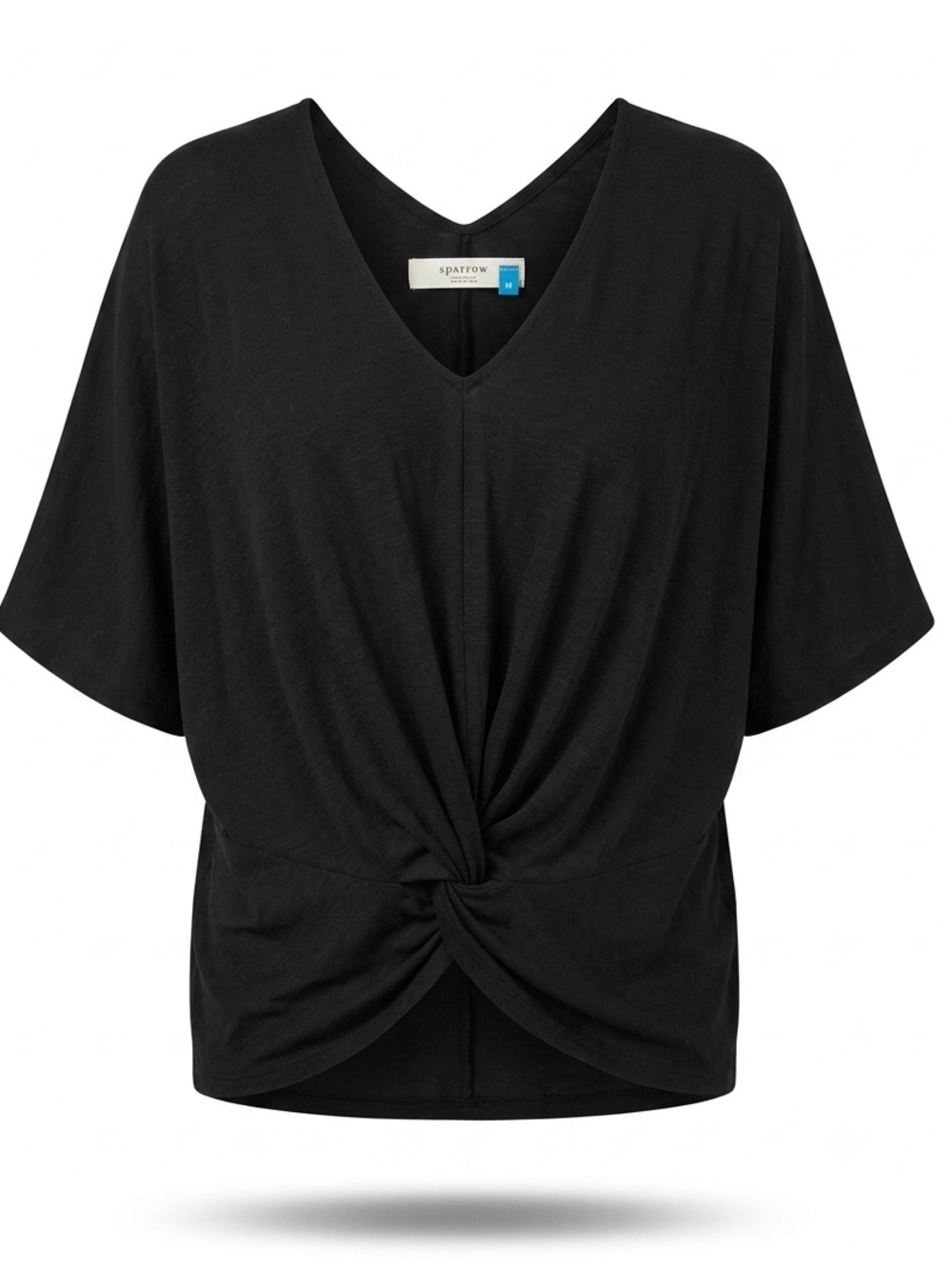 Sparrow Black V-Neck Top Short Dolman Sleeve Twist Front Blouse Medium